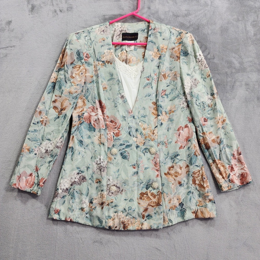Vintage Just In Thyme Blazer Women 14 Green Pink Floral Jacquard Double Breasted